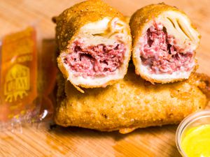 A split Detroit corned beef egg roll.