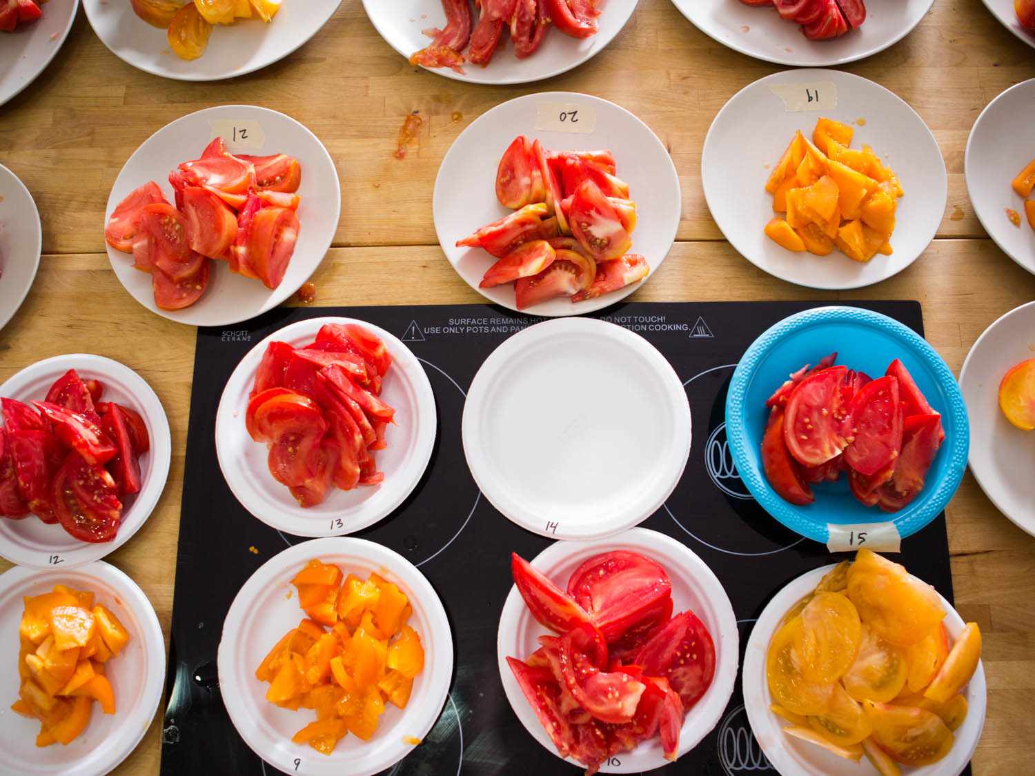 An overhead of many tomatoes cut into slices and resting on their own individual plates. 