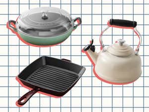 Collage of a grill pan, tea kettle, and a braiser on a gridded white background