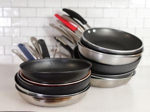 Best nonstick skillets stacked on white counter