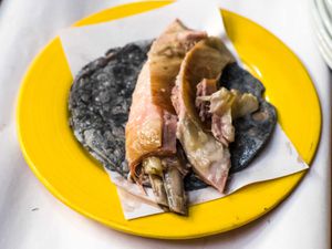 Lamb barbacoa on a blue corn tortilla on a yellow plate.