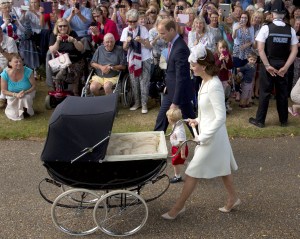 Prince William, Catherine Duchess of Cambridge, with son Prince George and daughter Princess Charlotte of Cambridge in a pram arrive for Charlotte's Christening at St. Mary Magdalene Church.The Christening of Princess Charlotte at St. Mary Magdalene Church in Sandringham, Britain - 05 Jul 2015