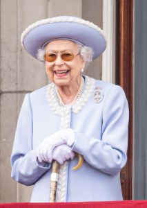 LONDON, ENGLAND - JUNE 02: Queen Elizabeth II during Trooping the Colour on June 02, 2022 in London, England. Queen Elizabeth II, Prince Louis, Catherine, Duchess of Cambridge an Princess Charlotte during Trooping the Colour on June 02, 2022 in London, England.  on June 02, 2022 in London, England.Trooping The Colour, also known as The Queen's Birthday Parade, is a military ceremony performed by regiments of the British Army that has taken place since the mid-17th century. It marks the official birthday of the British Sovereign. This year, from June 2 to June 5, 2022, there is the added celebration of the Platinum Jubilee of Elizabeth II  in the UK and Commonwealth to mark the 70th anniversary of her accession to the throne on 6 February 1952. (Photo by Samir Hussein/WireImage)