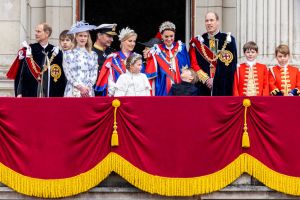 LONDON, ENGLAND - MAY 6: (L-R) Prince Edward, Duke of Edinburgh, James, Earl of Wessex, Lady Louise of Windsor, Vice Admiral Sir Timothy Laurence, Sophie, Duchess of Edinburgh, Princess Charlotte of Wales, Catherine, Princess of Wales, Prince Louis of Wales, Prince William, Prince of Wales and Prince George of Wales and during the Coronation of King Charles III and Queen Camilla on May 6, 2023 in London, England. The Coronation of Charles III and his wife, Camilla, as King and Queen of the United Kingdom of Great Britain and Northern Ireland, and the other Commonwealth realms takes place at Westminster Abbey today. Charles acceded to the throne on 8 September 2022, upon the death of his mother, Elizabeth II. (Photo by P van Katwijk/Getty Images)