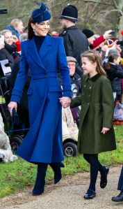 SANDRINGHAM, NORFOLK - DECEMBER 25: Catherine, Princess of Wales and Princess Charlotte of Wales attend the Christmas Morning Service at Sandringham Church on December 25, 2023 in Sandringham, Norfolk. (Photo by Samir Hussein/WireImage)