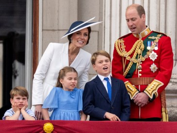 LONDON, ENGLAND - JUNE 02: Prince William, Duke of Cambridge and Catherine, Duchess of Cambridge with Prince Louis of Cambridge, Princess Charlotte of Cambridge and Prince George of Cambridge during Trooping the Colour on June 2, 2022 in London, England. Trooping The Colour, also known as The Queen's Birthday Parade, is a military ceremony performed by regiments of the British Army that has taken place since the mid-17th century. It marks the official birthday of the British Sovereign. This year, from June 2 to June 5, 2022, there is the added celebration of the Platinum Jubilee of Elizabeth II in the UK and Commonwealth to mark the 70th anniversary of her accession to the throne on 6 February 1952.