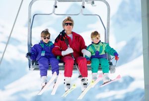 LECH, AUSTRIA - APRIL 10:  The Princess Of Wales With Her Two Sons, Prince William And Prince Harry On A Chair-lift During A Ski Hloiday In Lech, Austria  (Photo by Tim Graham Photo Library via Getty Images)