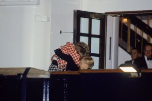 The Princess of Wales greets her sons Prince William and Prince Harry on the deck of the yacht Britannia in Toronto, when they joined their parents on an official visit to Canada, 23rd October 1991. The Princess is wearing a Moschino suit. (Photo by Jayne Fincher/Princess Diana Archive/Getty Images)