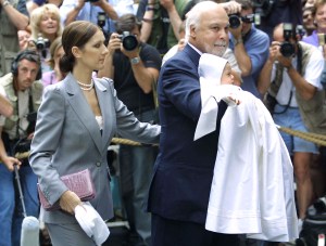 403006 01: Singer Celine Dion and her husband Rene Angelil enter Notre Dame Catheral for the christening of their son Rene-Charles July 25, 2001 in Montreal, Quebec. (Photo by Lyle Stafford/Getty Images)