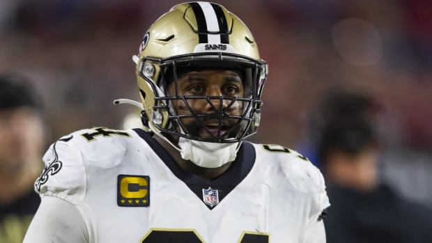 Saints defensive end Cam Jordan looks on during a game.