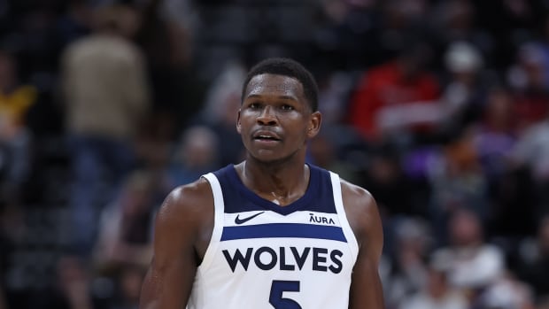 Mar 18, 2024; Salt Lake City, Utah, USA; Minnesota Timberwolves guard Anthony Edwards (5) looks on against the Utah Jazz during the fourth quarter at Delta Center.