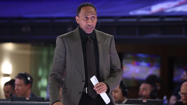 Feb 16, 2024; Indianapolis, IN, USA; Team Stephen A coach Stephen A. Smith looks on against Team Shannon during the All Star Celebrity Game at Lucas Oil Stadium.