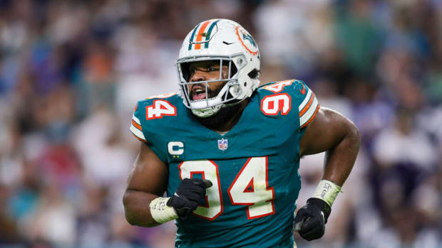 Miami Dolphins defensive tackle Christian Wilkins (94) looks on against the Dallas Cowboys during the second quarter at Hard Rock Stadium.