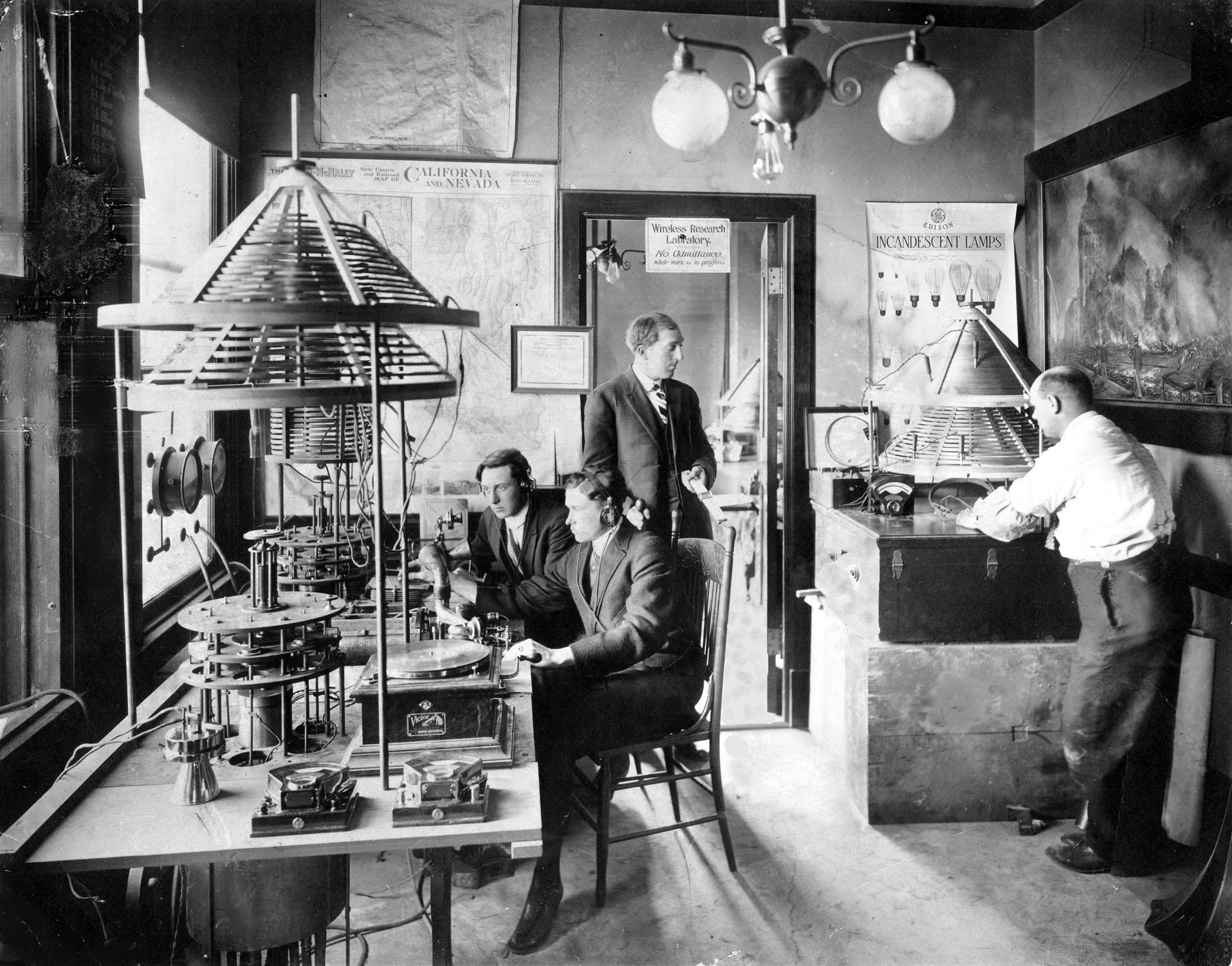 Charles Herrold and students circa 1912 at his radio station in the Garden City Bank Building at First and San Fernando streets in San Jose.