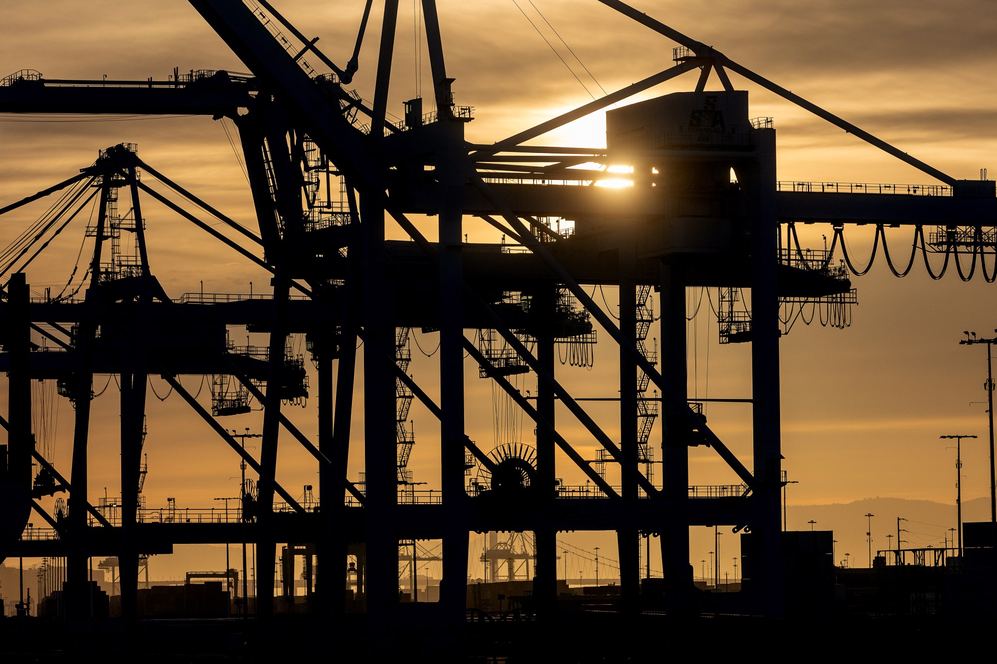 The Port of Oakland's giant cargo cranes are silhouetted against the late afternoon sky in a view from the free monthly harbor cruise, Friday evening, June 14, 2024, in Oakland, Calif. (Karl Mondon/Bay Area News Group)