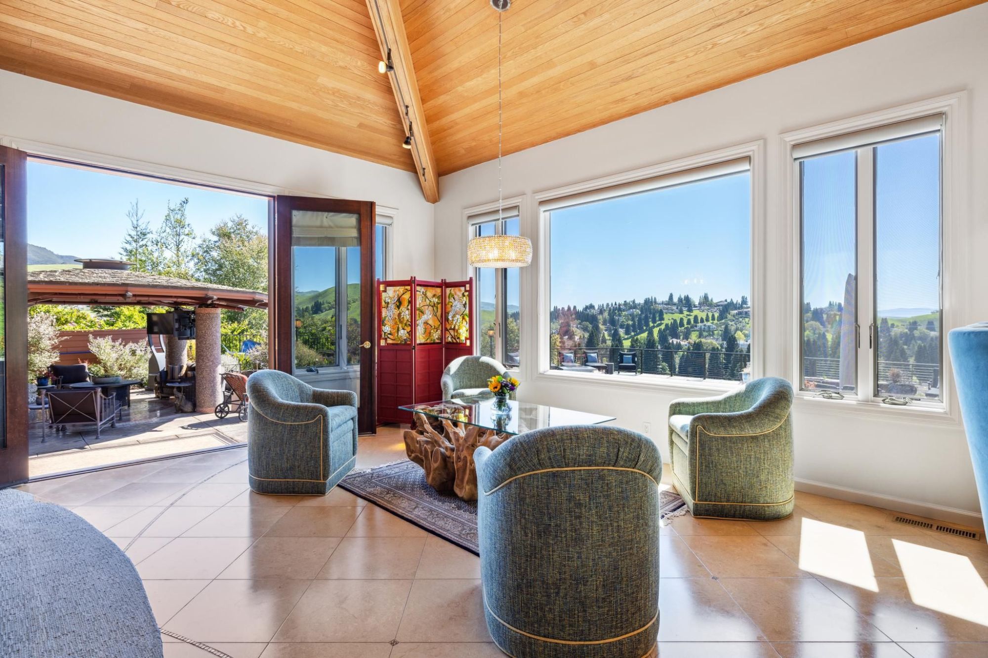 Sitting area with view of hills.