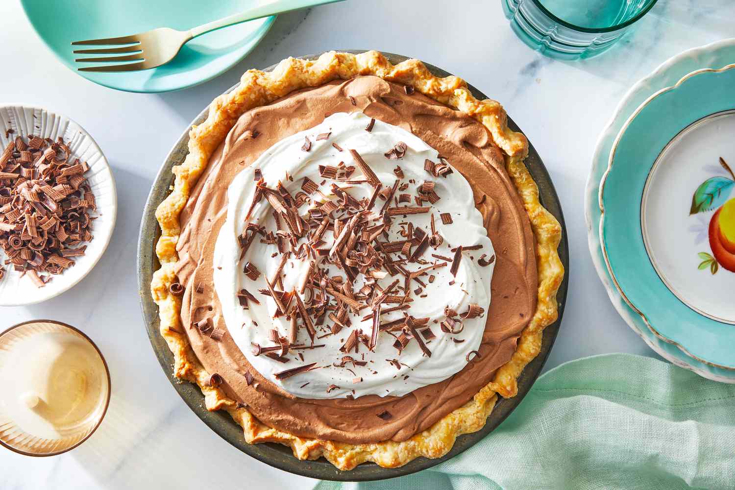 Southern Living Chocolate Silk Pie in a pie pan ready to serve