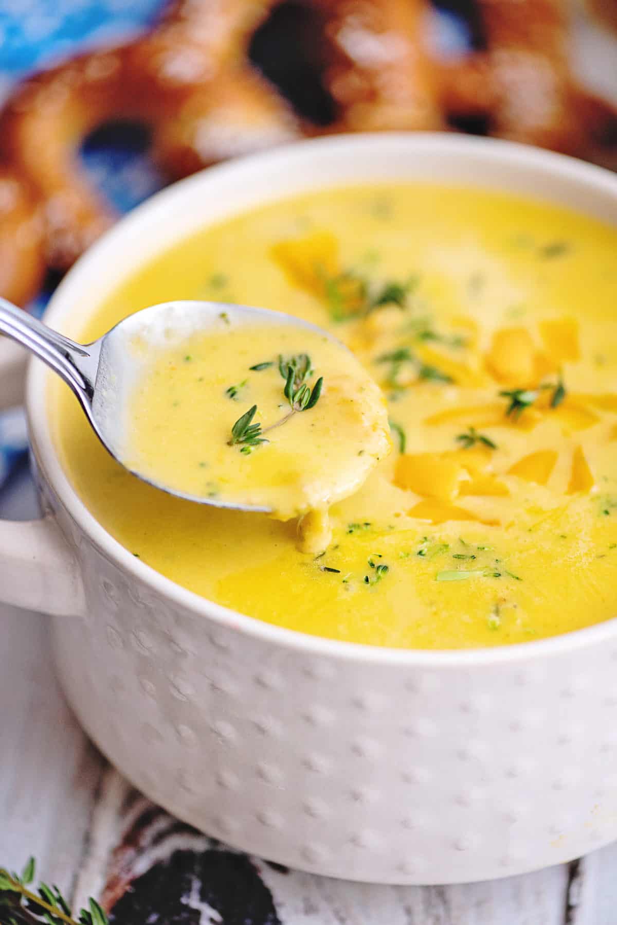 Spoonful of broccoli beer cheese soup.