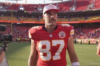 Kansas City Chiefs tight end Travis Kelce (87) on field after the game.