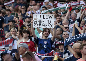 FOXBOROUGH, MA - JULY 15: A fan mocks Messi Mania before a match between the New England Revolution and DC United on July 15, 2023, at Gillette Stadium in Foxborough, Massachusetts. (Photo by Fred Kfoury III/Icon Sportswire)