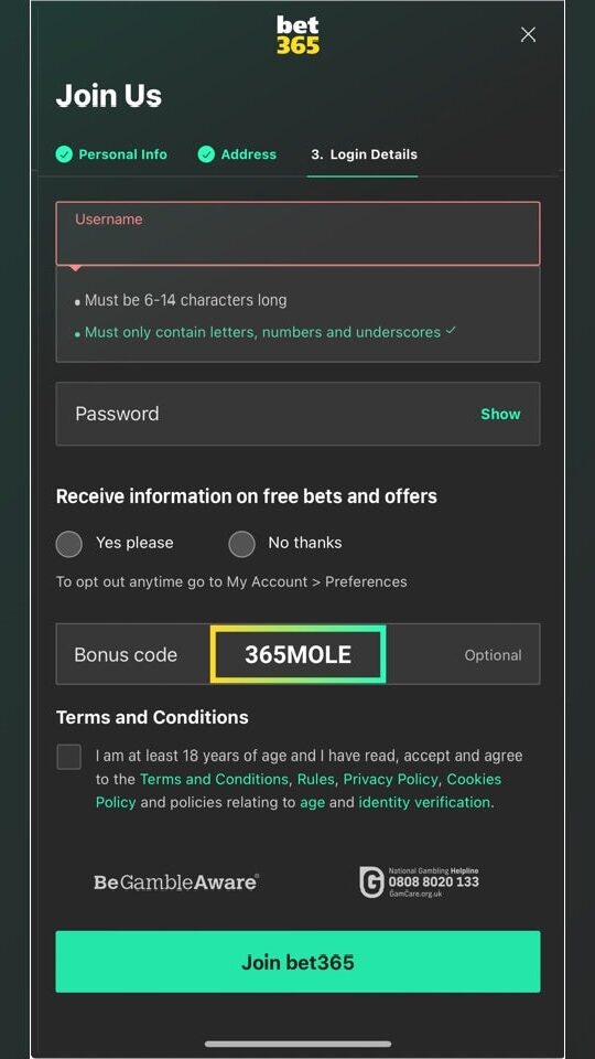 Bet365 bonus code 365MOLE