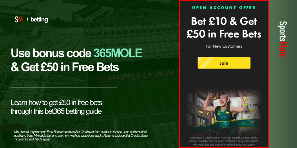 Bet365-bonus-code-UK - get £50 free bets with the code 365MOLE