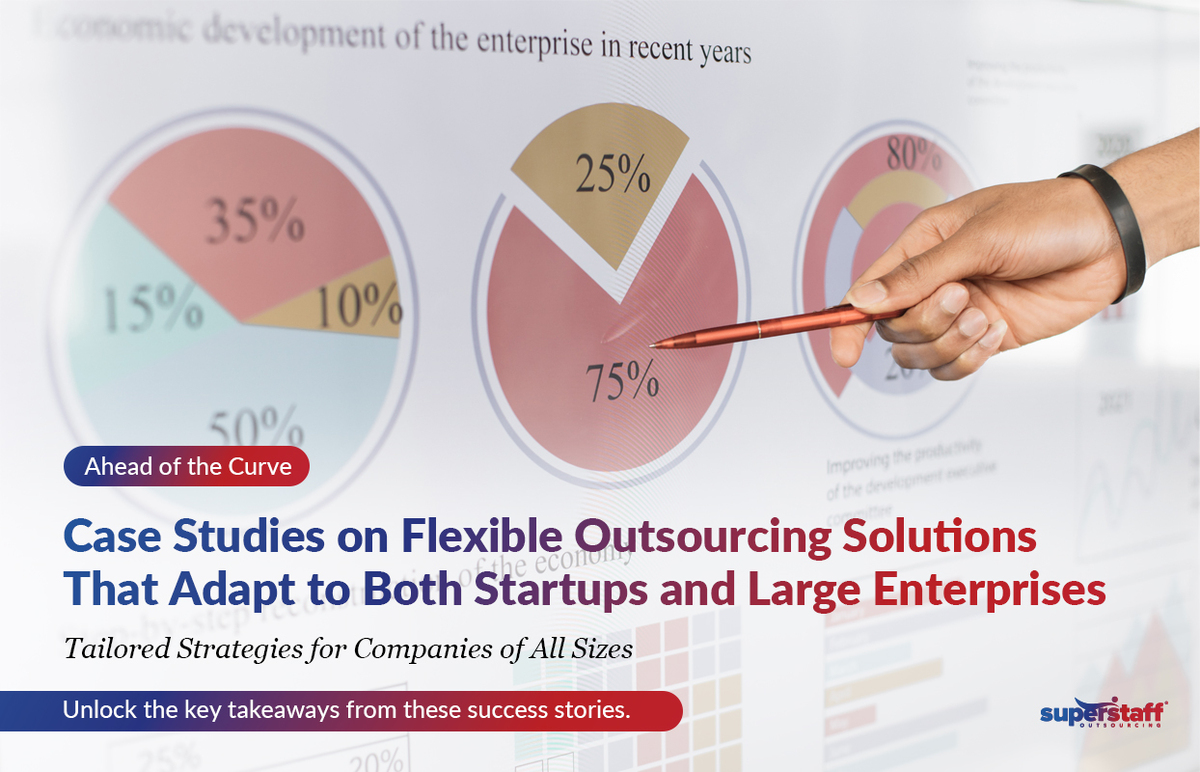 A hand holds a pen, pointing to different pie charts. Image caption reads: Outsourcing Case Studies on Different Company Sizes, From Startups to Enterprises.