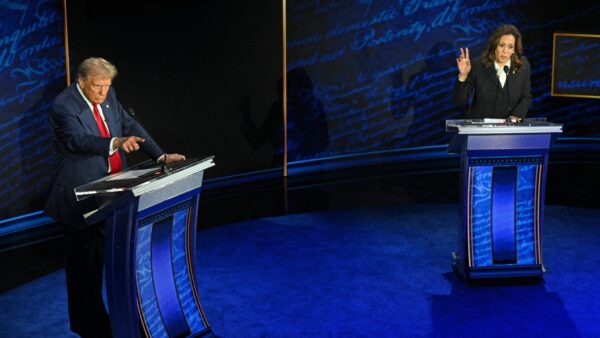 Former US President and Republican presidential candidate Donald Trump and US Vice President and Democratic presidential candidate Kamala Harris at their first presidential debate