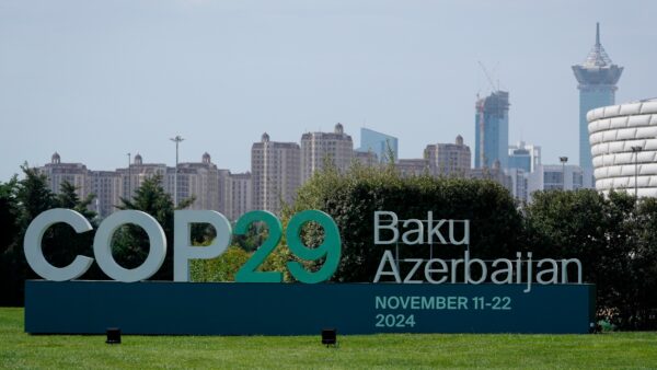 A sign for COP29 in Baku, Azerbaijan, which will be hosting the conference in November