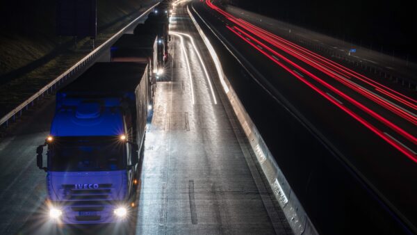 Trucks stuck in a jam on the A93 highway at the border between Bavaria and Austria in Kiefersfelden near Bayrischzell, southern Germany