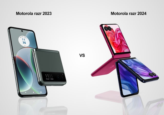 A Motorola razr 2023 next to a Motorola razr 2024