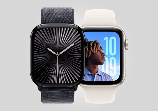 An Apple Watch displaying an analog clock next to another Apple Watch displaying a digital clock with a picture of a young man.