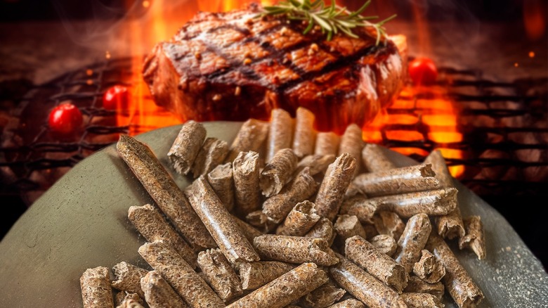 Wood pellets, meat on grill