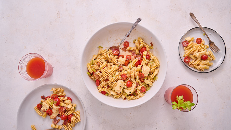 bloody mary pasta salad in bowl