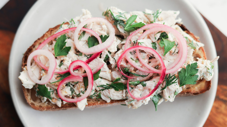 Plate with open-face chicken sandwich