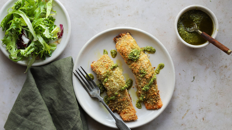 Plate of pesto crusted salmon