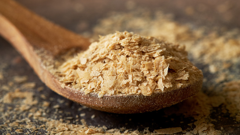 Nutritional yeast in wooden spoon