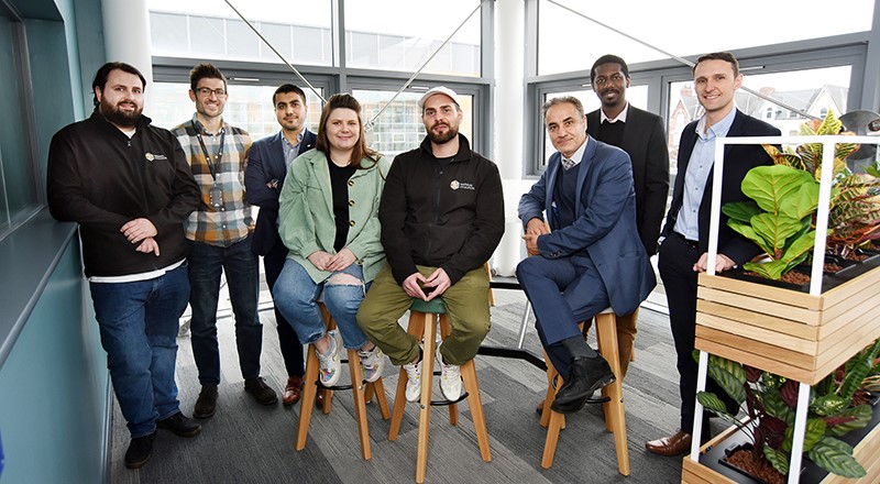 The Mevocrete project team. From left - Sam Clark, Co-Founder, Material Evolution; James Bramley, Project Manager, Material Evolution; Dr Kamal Elyasi, Research Associate, Teesside University; Dr Elizabeth Gilligan, Founder and CEO at Material Evolution; Kieran Gilligan, Co-Founder, Material Evolution; Dr Sina Rezaei Gomari , Mevocrete project principal investigator (PI); Dr Tariq Ahmed, Lecturer in Chemical Engineering and Mevocrete project Co-Investigator; Professor David Hughes, Associate Dean (Research and Innovation) and Mevocrete project Co-Investigator.