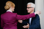 Christina Hendricks greets John Slattery in the green room at &quot;A Farewell to Mad Men,&quot; May 17, 2015 at the Montalbán Theater in Hollywood, California.