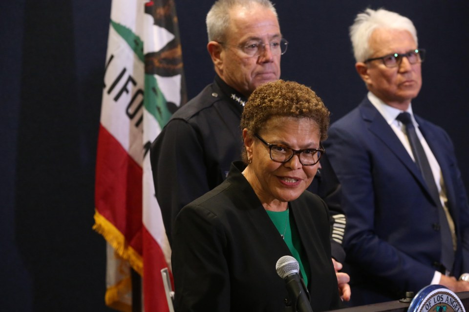 Los Angeles Mayor Karen Bass discusses the murders of three homeless men by a suspected serial killer at the LAPD Headquarters