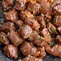 Closely looking at Air Fryer Garlic Butter Steak Bites.