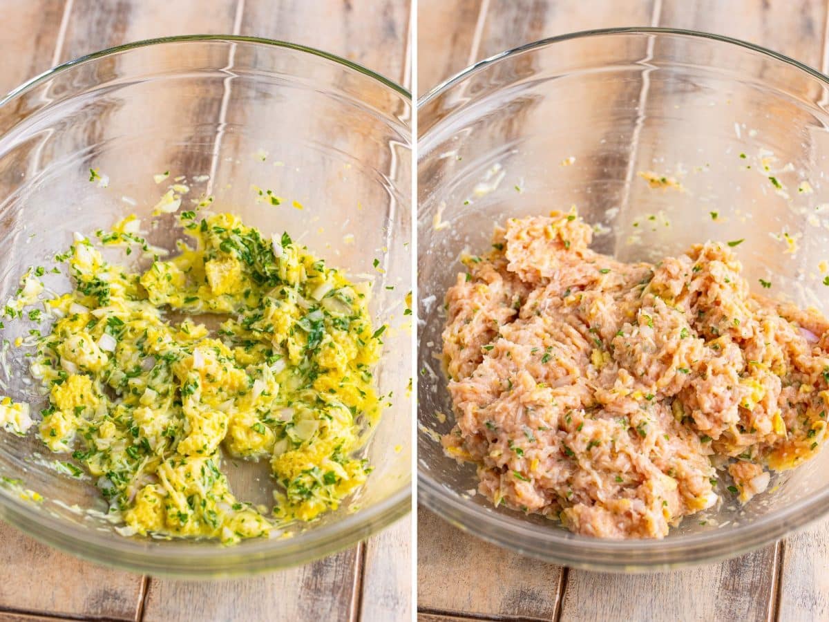 A mixing bowl with torn white bread, milk, parmesan cheese, egg, shallot, lemon zest, salt, and parsley and a bowl with Chicken Piccata Meatballs mixture.