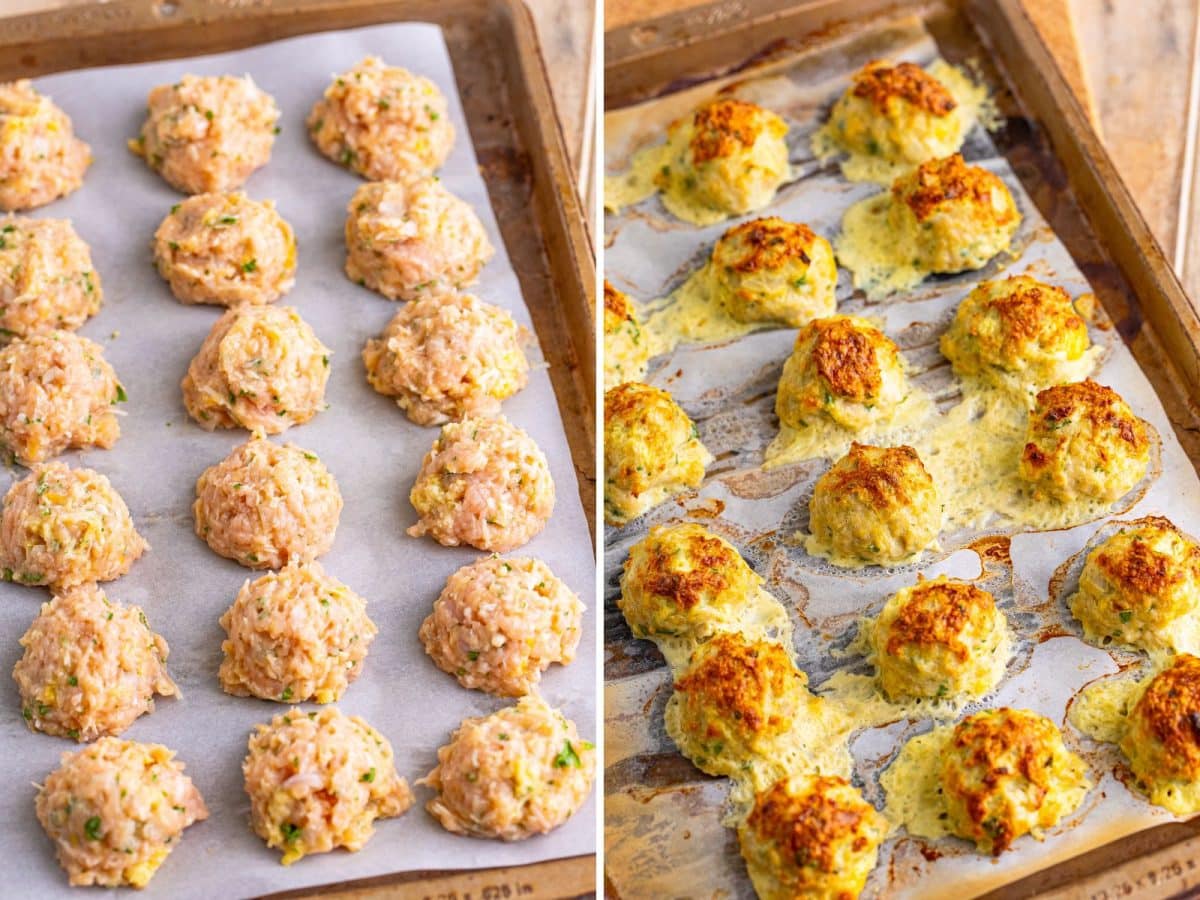 Raw Chicken Piccata Meatballs on a parchment lined baking sheet and a baking sheet with baked meatballs.