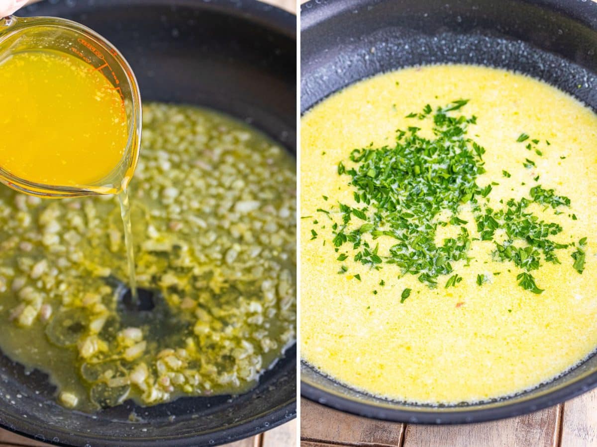 Chicken broth being added to a skillet and a cream sauce with parsley in a skillet.