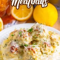 A plate with Chicken Piccata Meatballs.