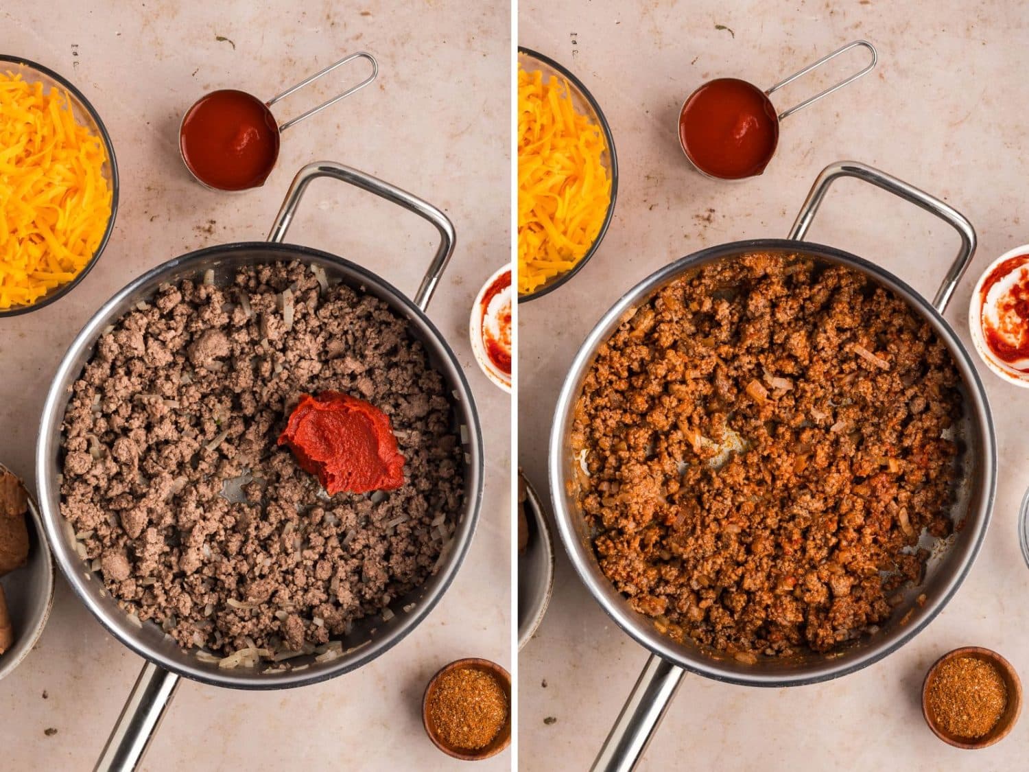 Tomato paste and beef mixture and a skillet of cooked beef, onion, and tomato paste.