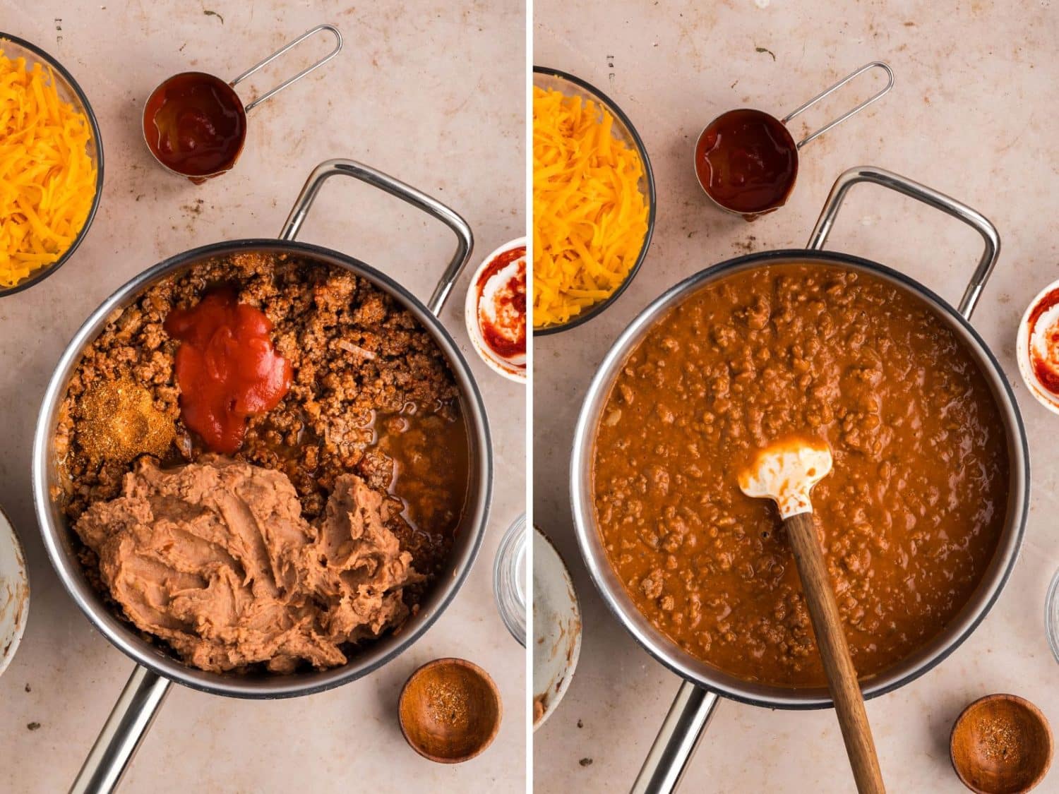 A skillet with ground beef, onions, beans, water, tomato sauce, and taco seasoning and a spatula stirring a beef mixture. 