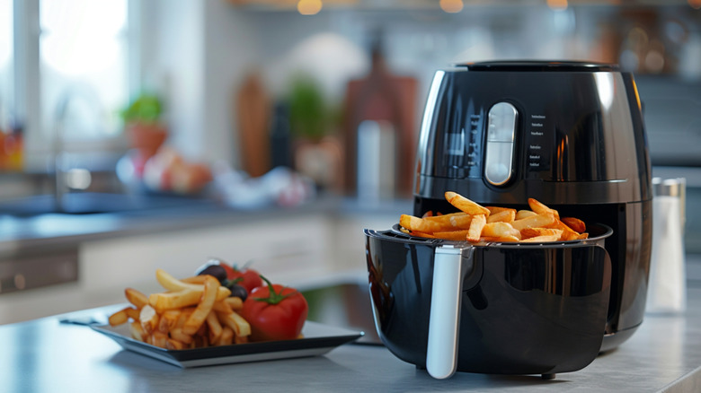 A sleek black air fryer in a modern kitchen, with French fries in its basket and a plate of French fries next to it