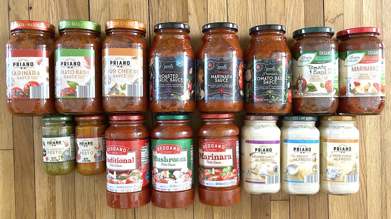 Sixteen different jars of pasta sauce from Aldi