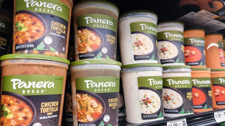 Various Panera Bread soups on store shelves